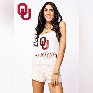 QUEEN OF SPARKLES Licensed OKLAHOMA FRINGE BEAD Sweater OU Tank Top NWT